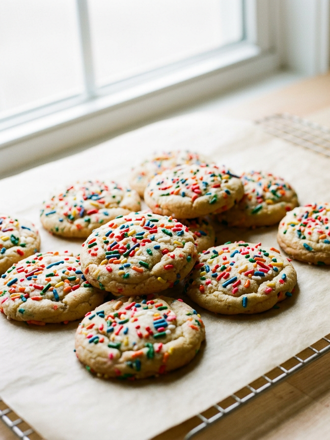 A tray of freshly baked sugar cookies with colorful sprinkles on parchment paper, near a window.