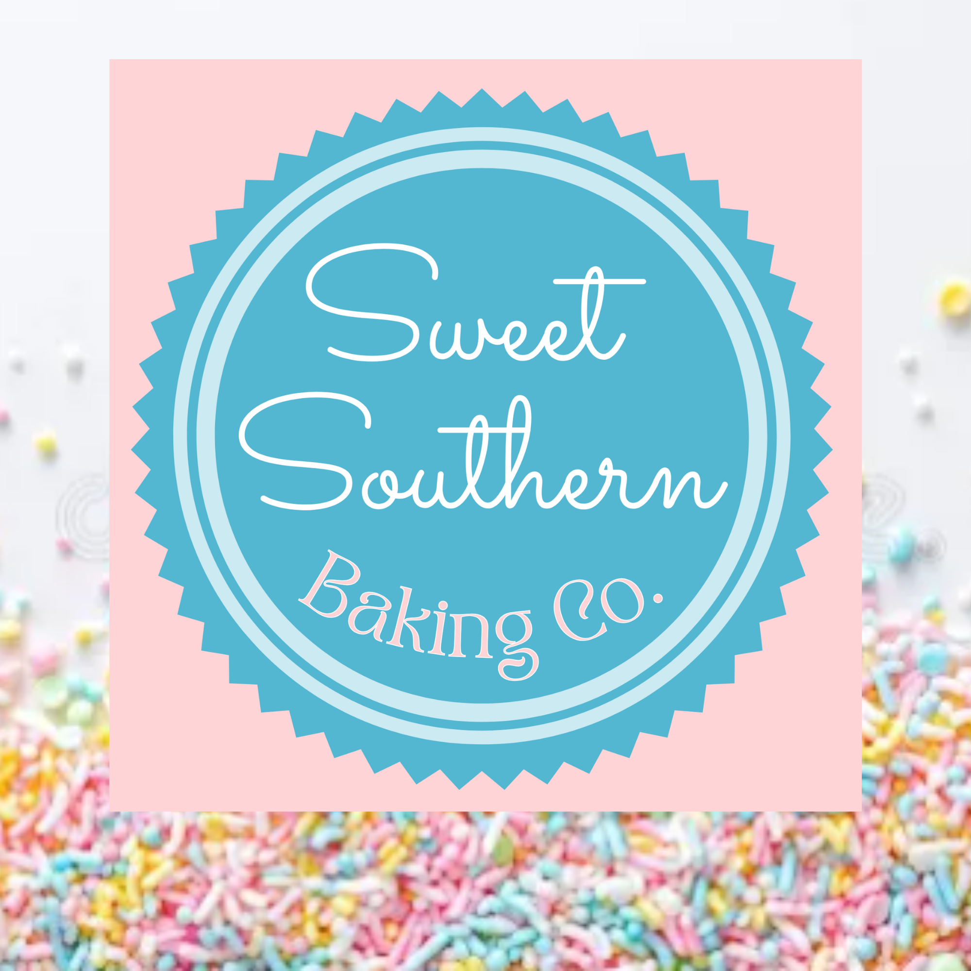 Close-up of colorful sprinkles with a pink background and a blue badge that says 'Sweet Southern Bae 20'.