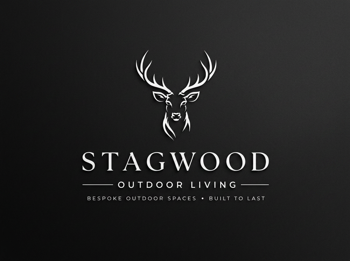 Logo for Stagwood Outdoor Living featuring a stylized deer head and antlers, with text indicating custom outdoor spaces built to last.