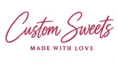 Logo for Custom Sweets, featuring cursive red text and the tagline 'Made with Love' in smaller red letters.