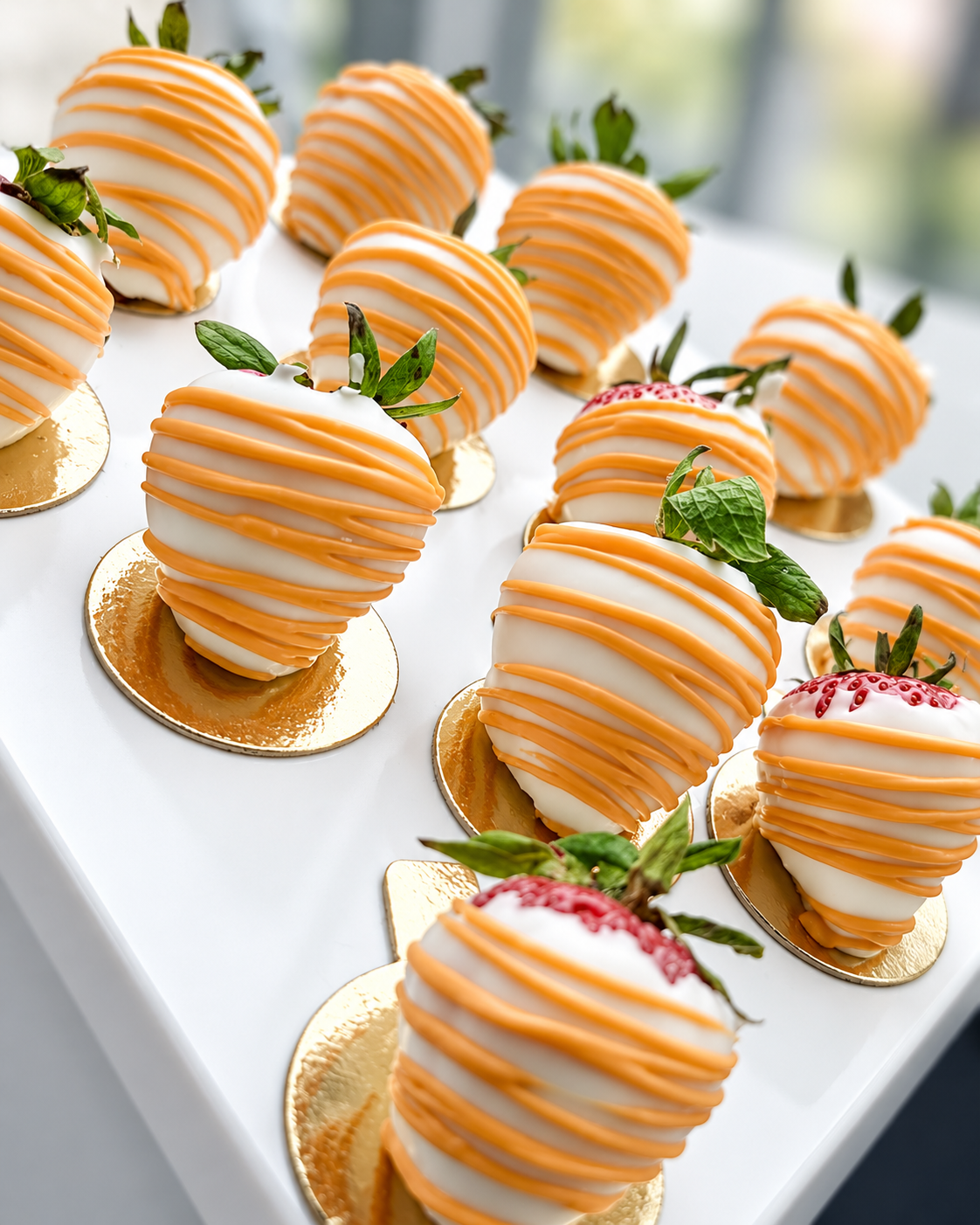 Decorative strawberries covered in white chocolate with orange drizzle, garnished with fresh mint leaves, placed on gold bases, arranged on a white display tray.