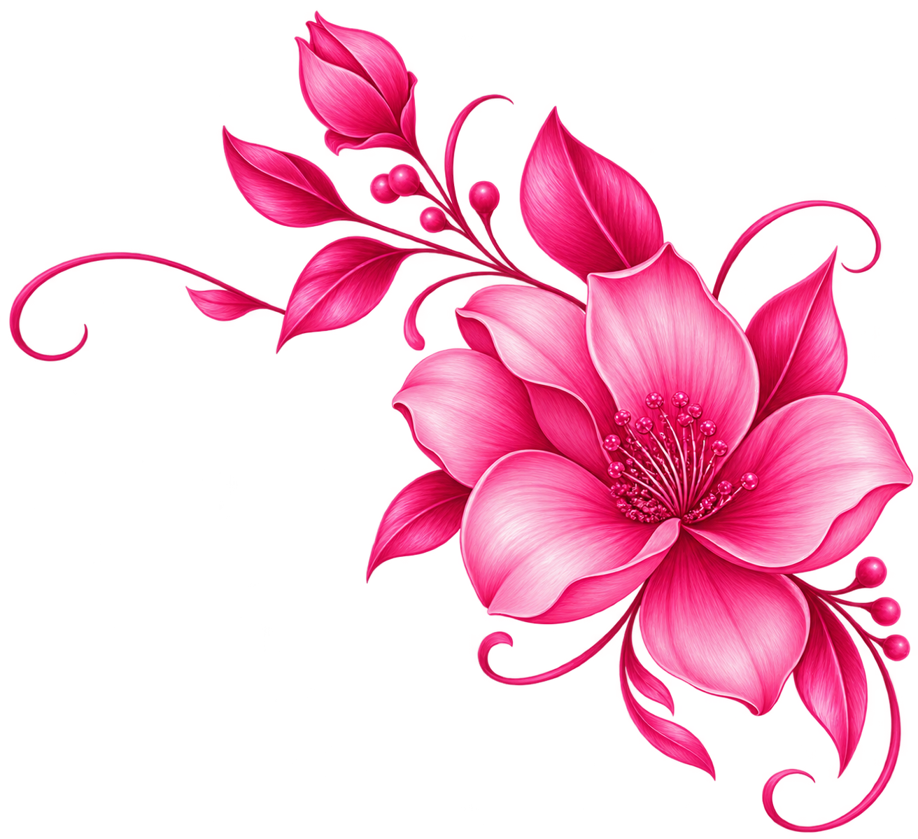 A detailed digital illustration of a pink flower with petals, leaves, and buds against a transparent background.