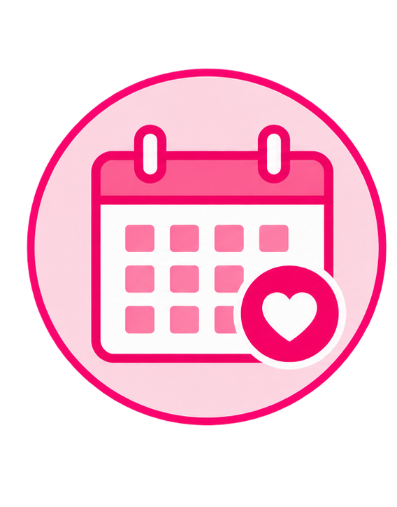 Pink calendar icon with a heart symbol.