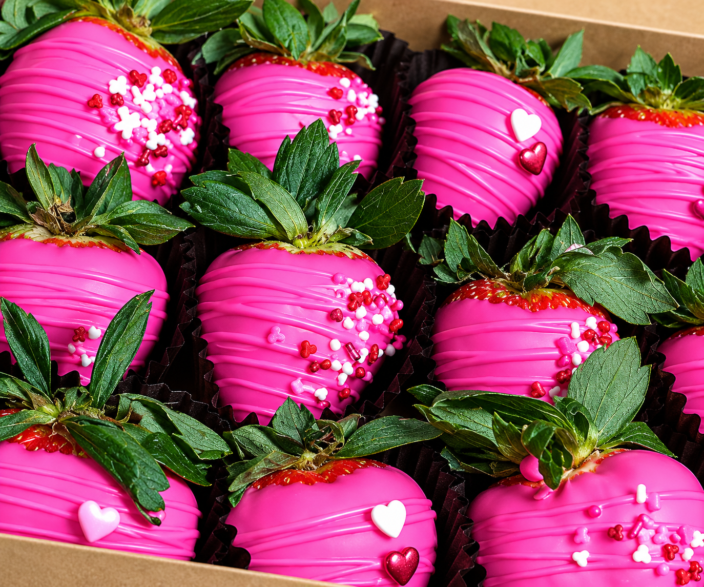 Pink chocolate-covered strawberries decorated with heart-shaped and star-shaped sprinkles by Sugar Sweets by Peeks.