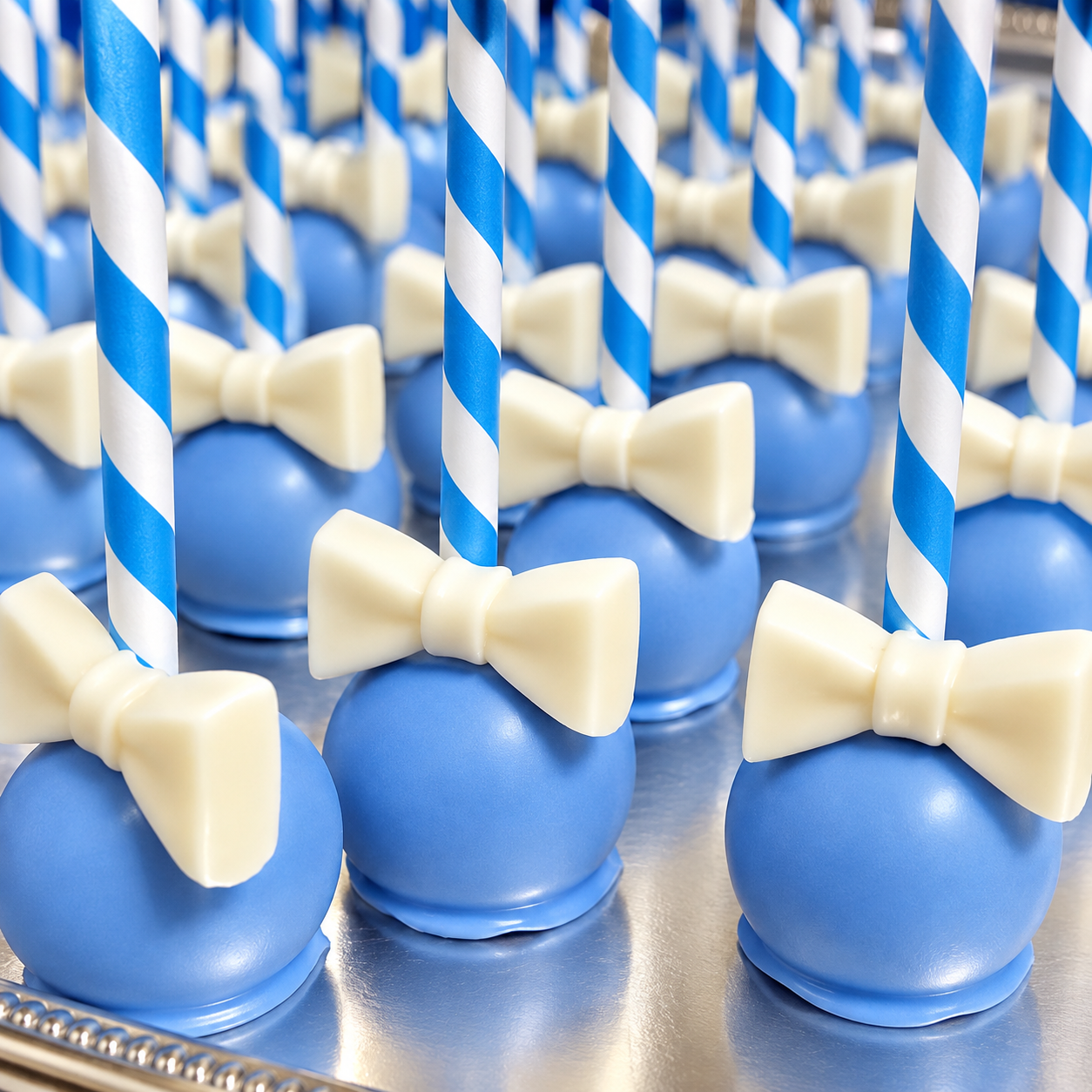 Blue cake pops with white bow tie decorations and blue and white striped straws on a silver tray.