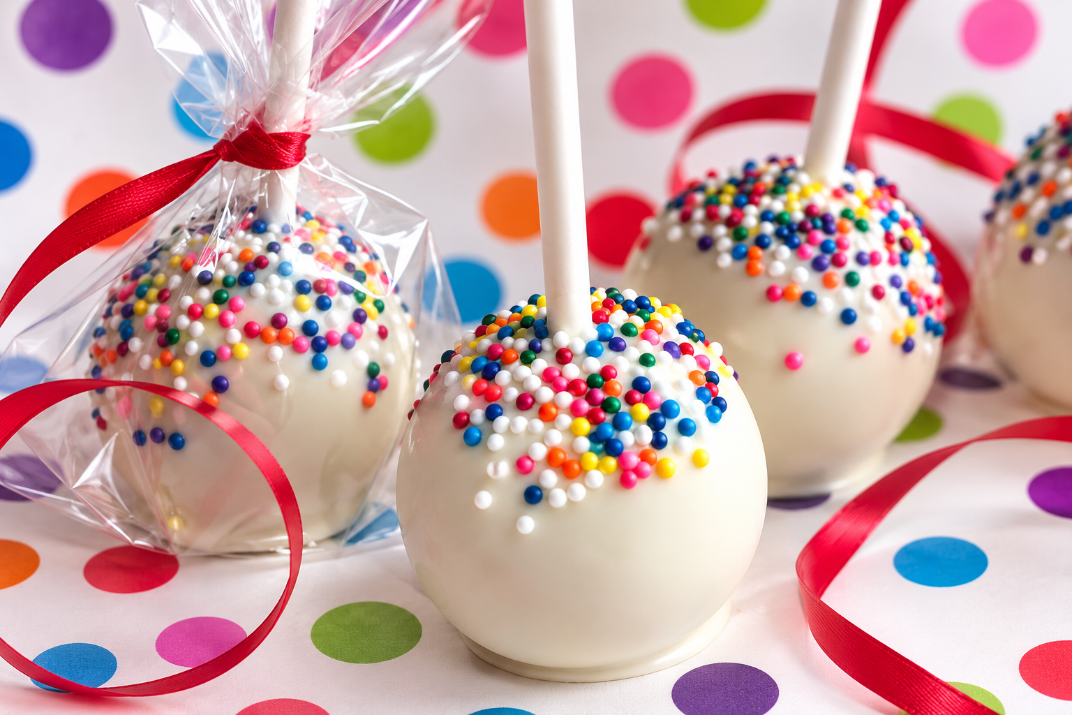Three cake pops with white chocolate coating and multicolored sprinkles, one wrapped in clear plastic with a red ribbon, on a white background with colorful polka dots and red ribbon decorations.