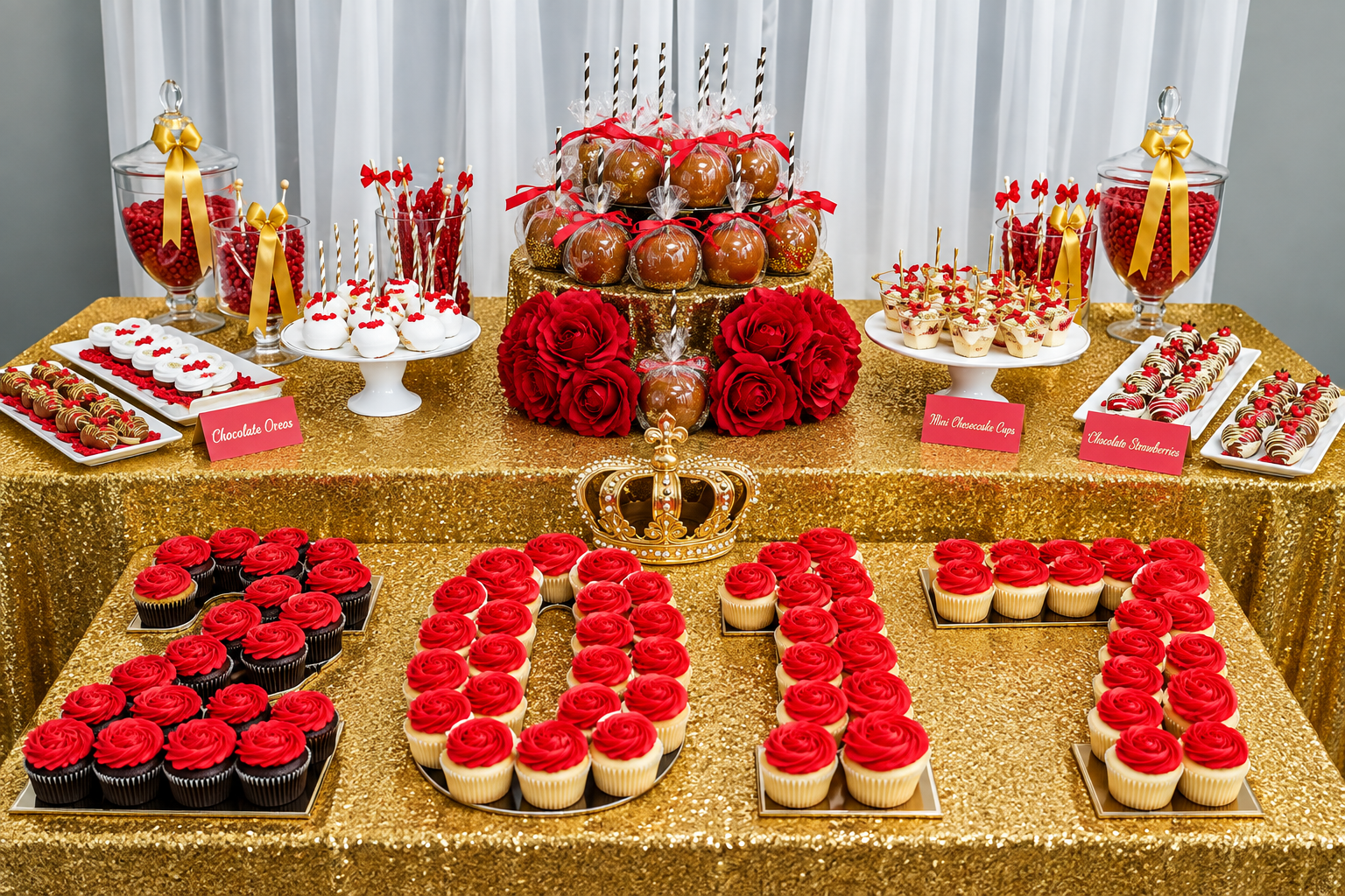 A dessert table decorated with red roses, chocolate candies, chocolate covered oreos, mini cheesecakes, and cupcakes with red frosting. The table is covered with a gold sequin tablecloth, and there are glass jars filled with red candies. 