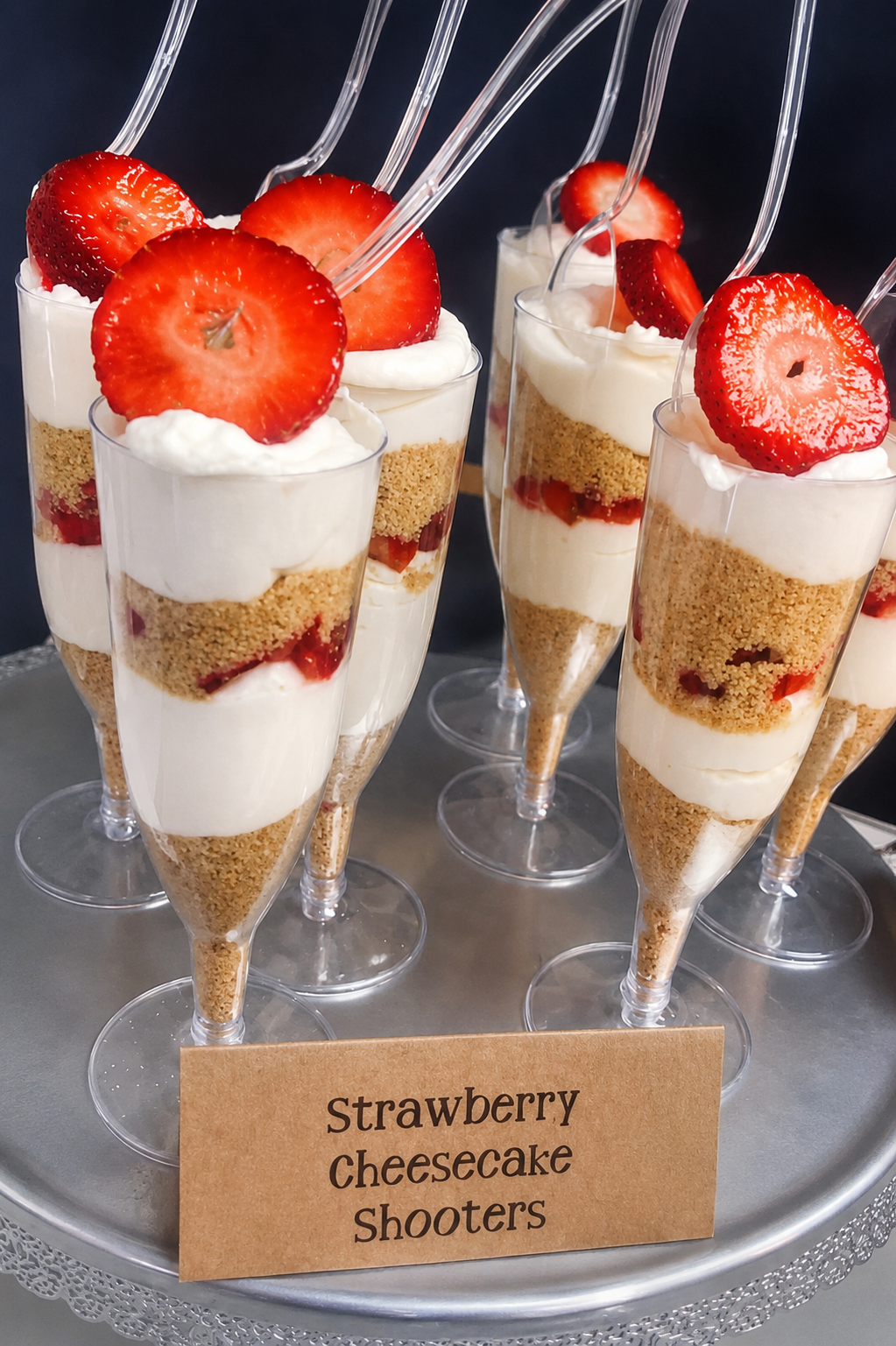Several tall glasses filled with strawberry cheesecake layered dessert, topped with sliced strawberries, and a label that reads 'strawberry cheesecake shooters.'