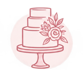 A pink outline drawing of a tiered cake with flowers on a cake stand.