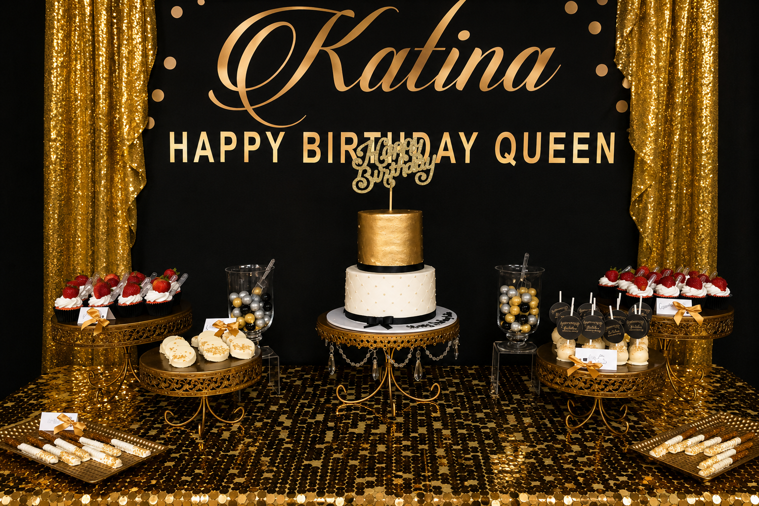 Elegant birthday celebration table with black and gold decor, a two-tiered cake with gold and white icing, cupcakes with strawberries, and chocolate-dipped cookies, all set against a black backdrop with gold curtains and lettering that reads 'Katalin