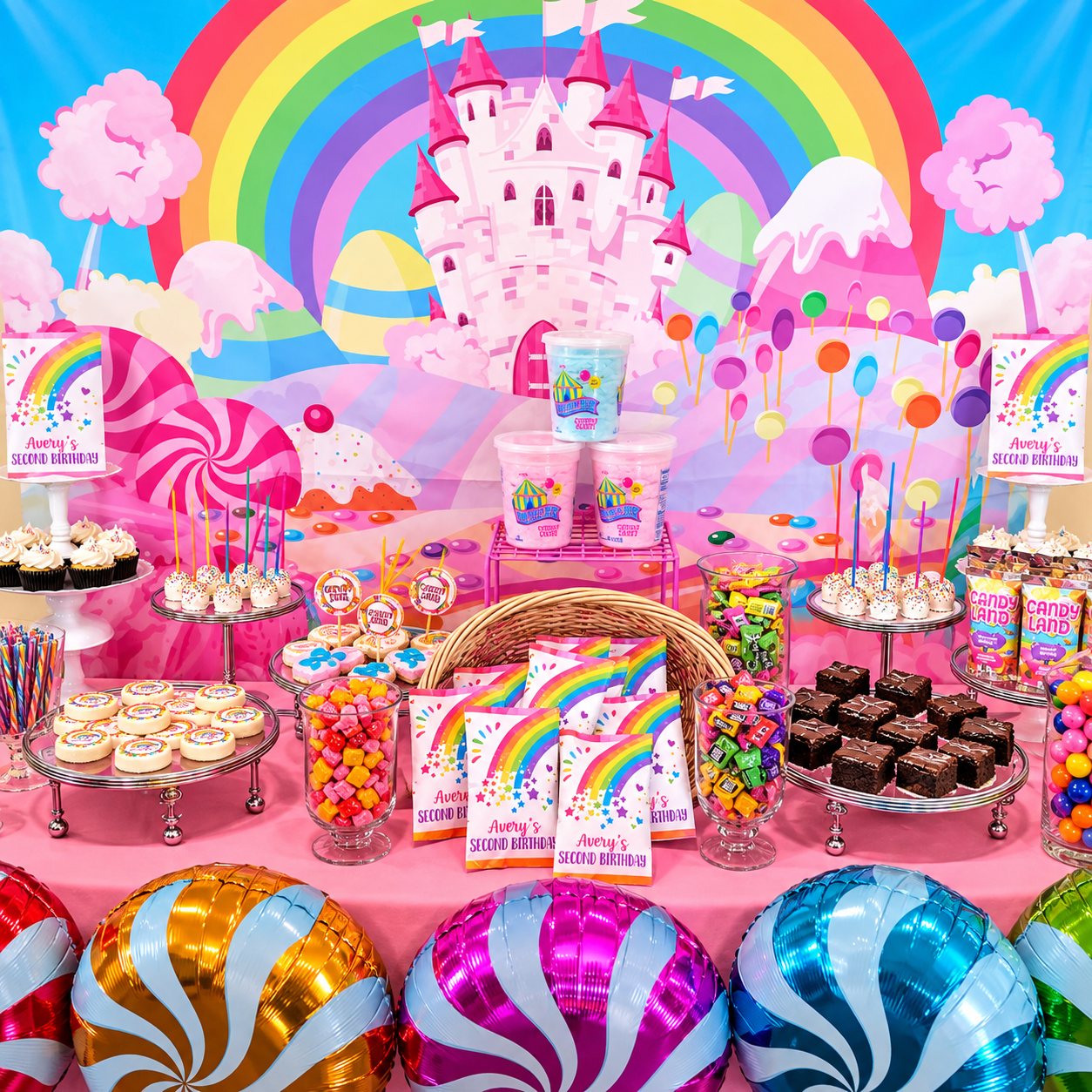 Colorful birthday party table with sweets, cupcakes, candies, and balloons, set against a rainbow and castle themed backdrop for a second birthday celebration.
