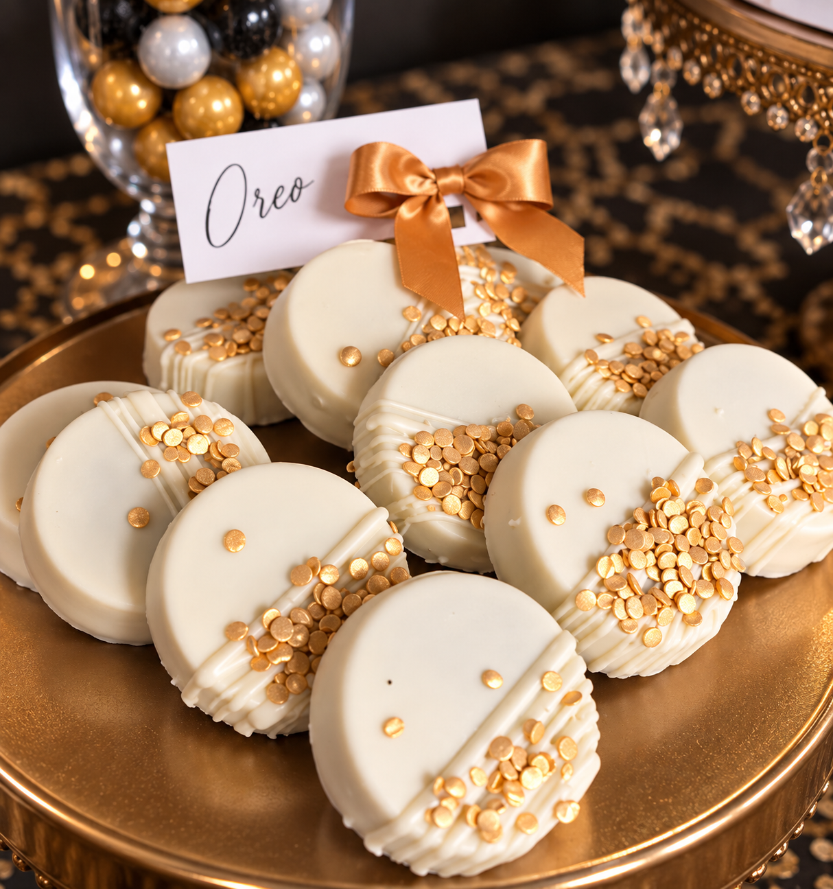 White chocolate covered oreo cookies decorated with gold confetti.