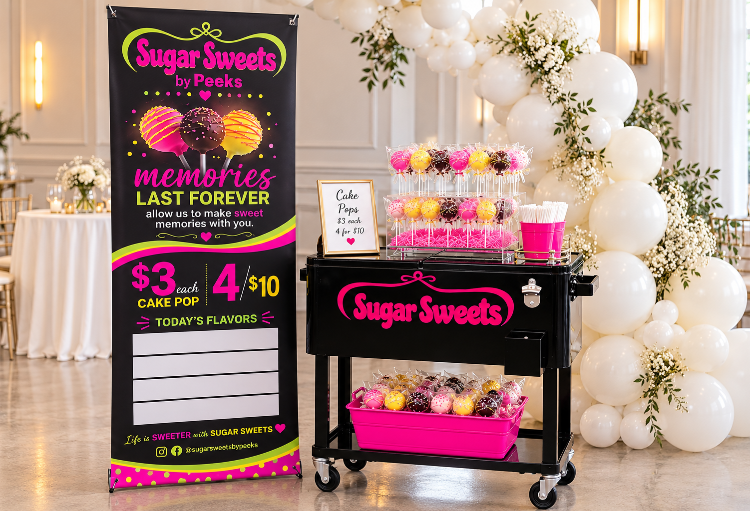 A Sugar Sweets by Peeks Cake Pop Cart display and dessert stand with a black cart and a promotional sign on the left. The cart holds decorated cake pops in pink, yellow, and brown, with a sign indicating they cost $3 each or 4 for $10.