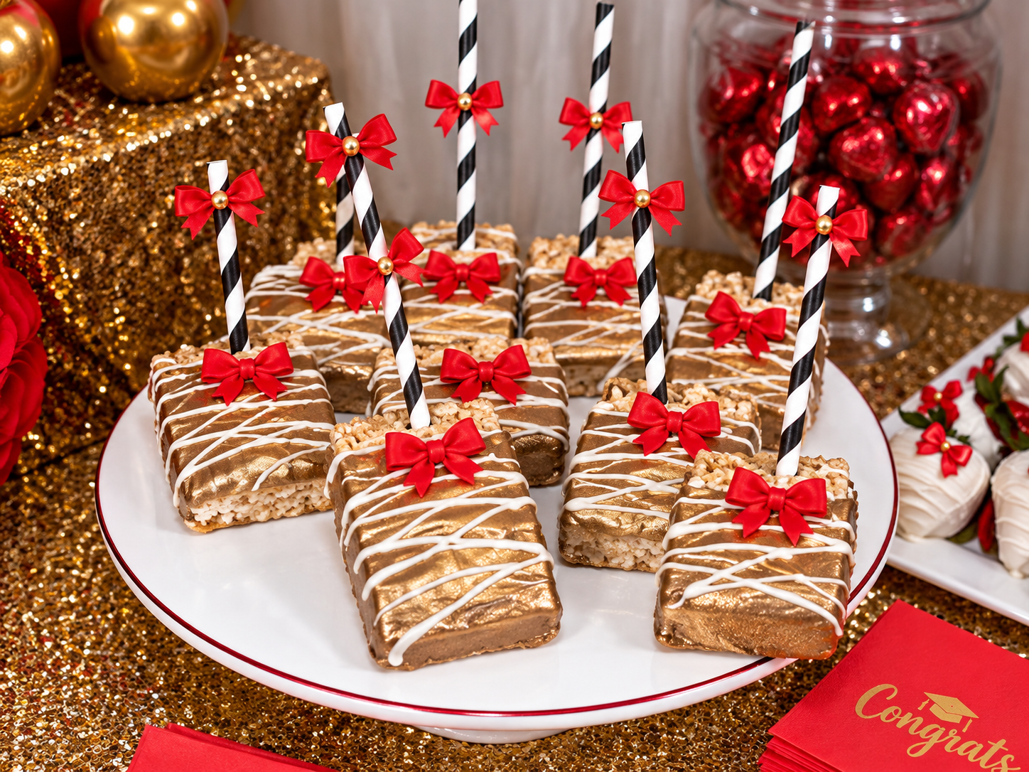Decorative  chocolate covered rice krispy treats with gold and white icing, topped with red bows and black-and-white striped straws, arranged on a white plate. 