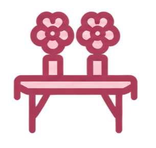 Two pink flowers with stylized petals on a simple pink table against a transparent background.