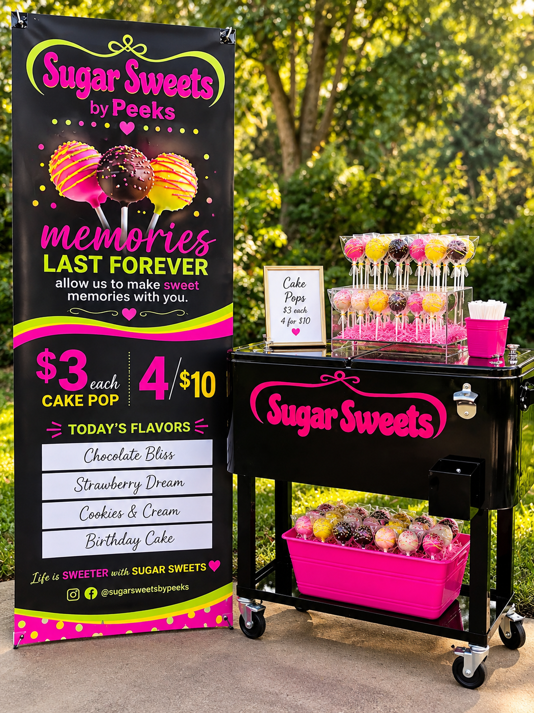 A Sugar Sweets by Peeks Cake Pop Cart display and dessert stand with a black cart and a promotional sign on the left. The cart holds decorated cake pops in pink, yellow, and brown, with a sign indicating they cost $3 each or 4 for $10.