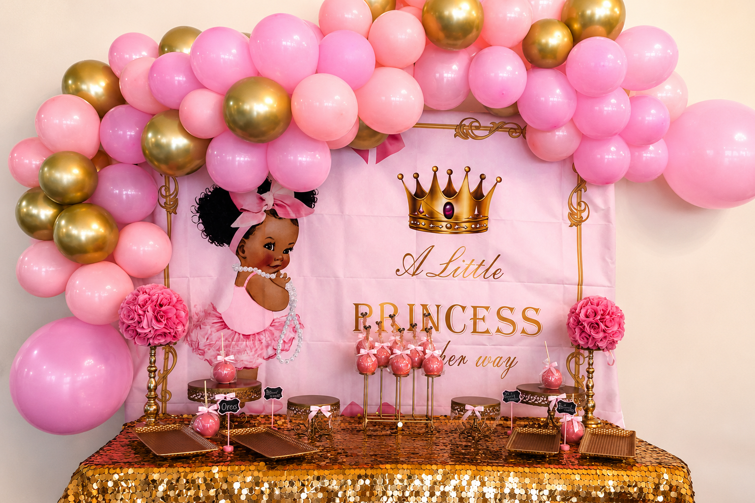 Decorative party setup for a young princess with pink and gold balloons, pink flowers, and a backdrop that says 'A Little Princess When Way' with a cartoon girl in a pink dress, a crown illustration, and dessert tables with pink treats and small chal