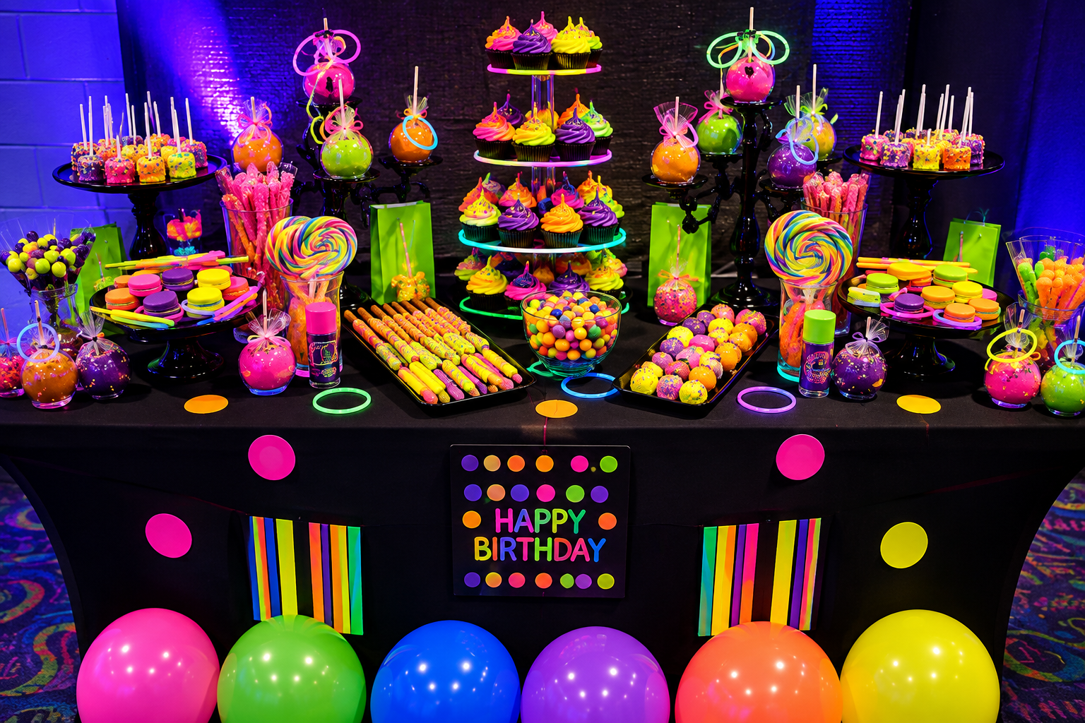 Colorful birthday party desserts including cupcakes, cake pops, macarons, and candies, decorated with neon lights, balloons, and birthday signs.