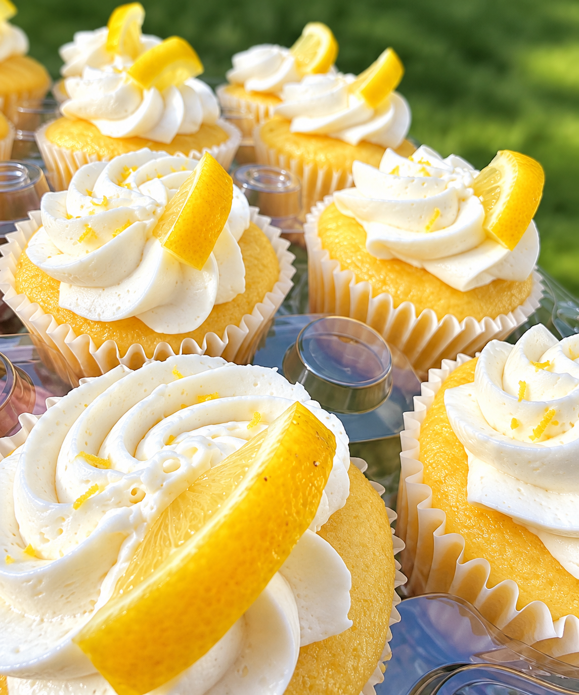 Close-up of lemon cupcakes with white frosting, lemon wedge garnish, and cupcake liners.
