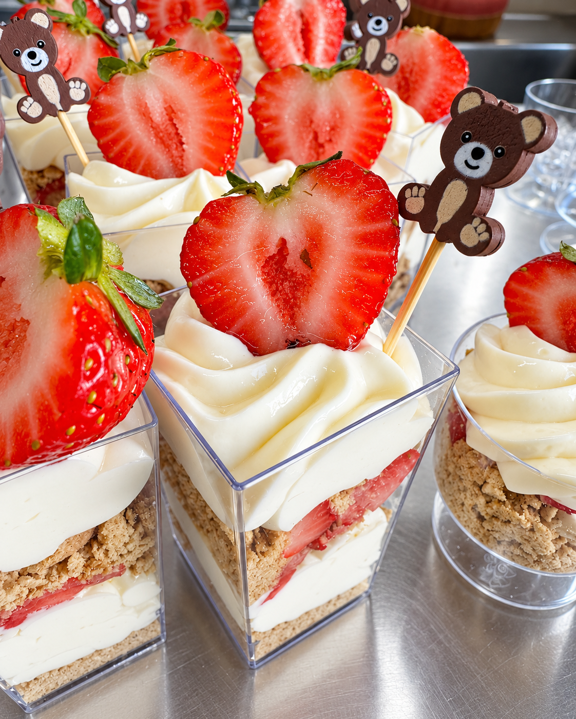 Individual strawberry shortcake desserts topped with heart-shaped strawberry slices, fresh strawberry halves, and bear-shaped chocolate decorations with marshmallow accents, served in clear square cups.