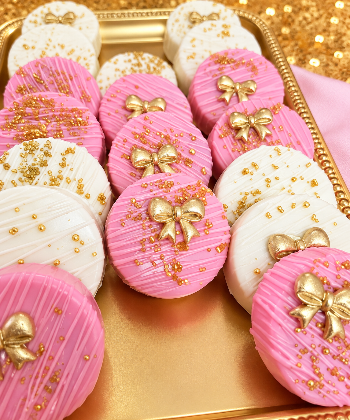 Assorted chocolate covered oreos decorated with pink and white icing, gold sprinkles, and gold bow toppers.