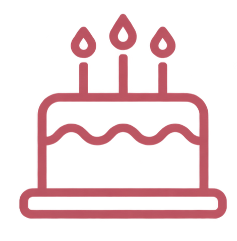 Simple illustration of a birthday cake with three lit candles on top.