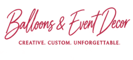 Text graphic with pink and red colors reading 'Business & Event Decor' and 'Creating Custom Unforgettable' in stylish fonts.