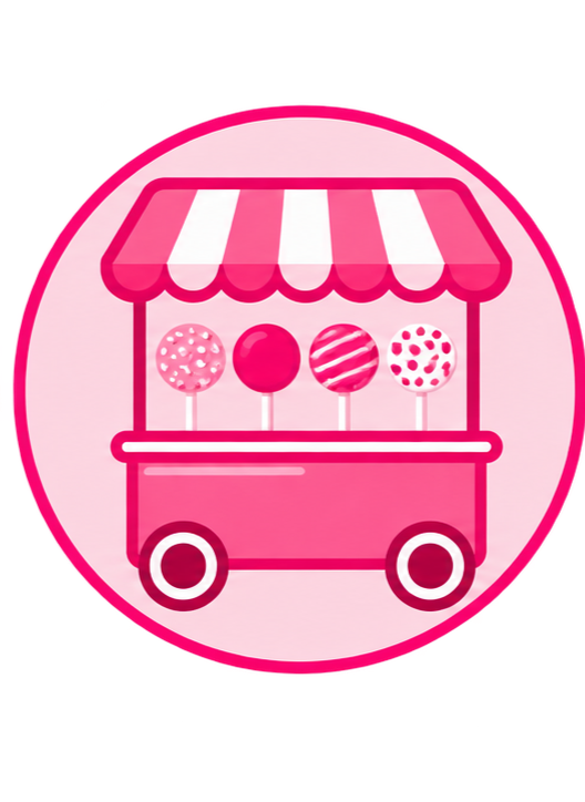 Pink illustrated ice cream cart with four lollipops featuring different pink patterns and a striped awning.