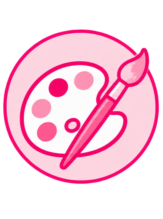Pink icon of an artist's paint palette with five paint dabs and a paintbrush.