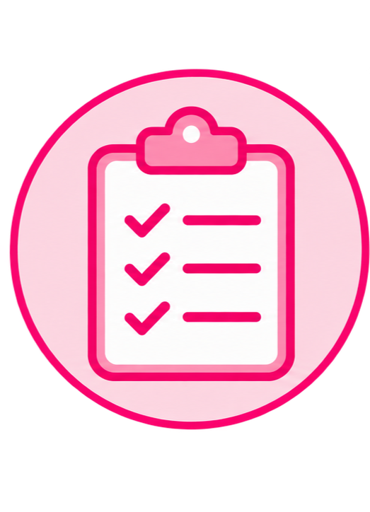 Pink icon of a clipboard with three checkmarks and lines of text.