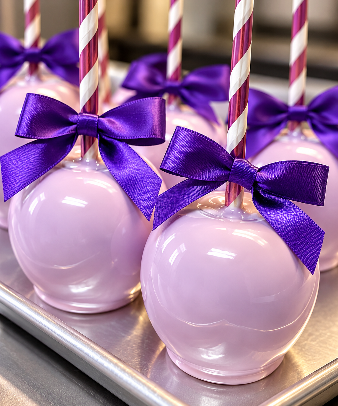 Purple candy apples decorated with purple bows and striped straws.