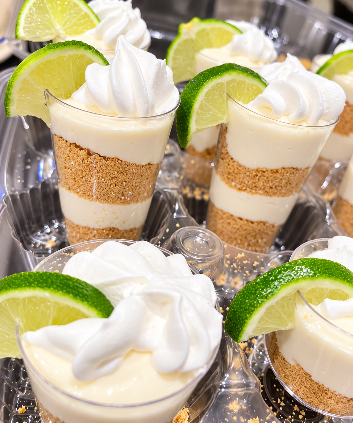 Lemon cheesecake parfaits with lime slices and whipped cream