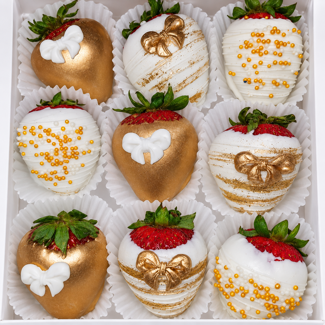 A box of chocolate covered strawberries decorated in gold, white, and red colors. 