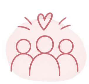 Simple illustration of three people with a heart above them, symbolizing love or friendship.