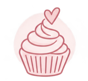 Cartoon cupcake with pink frosting and a heart on top.
