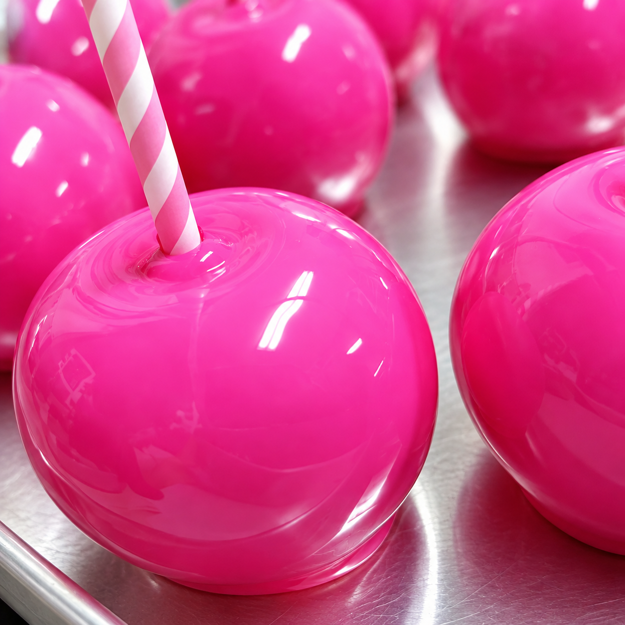 Close-up of bright pink candy apples.