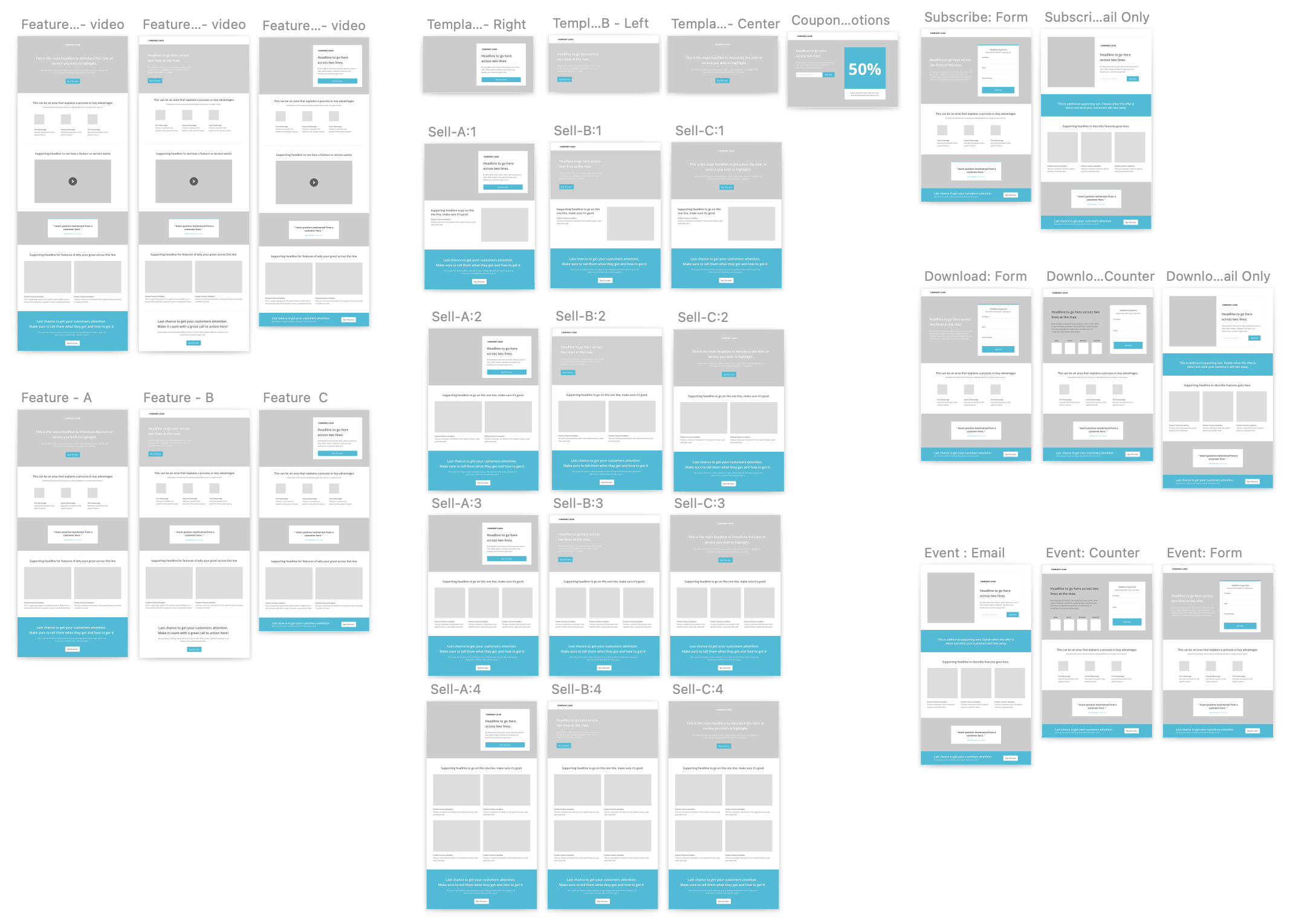 Wireframe grid of initial template explorations, showing feature, sell, coupon, subscribe, download, and event block variants