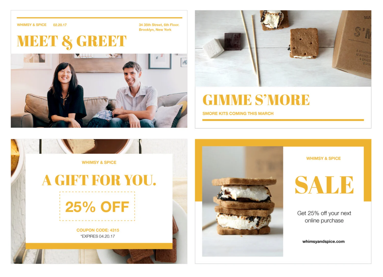 Four postcard design samples for the Whimsy and Spice brand: a meet and greet, a product announcement, a gift offer, and a sale promotion