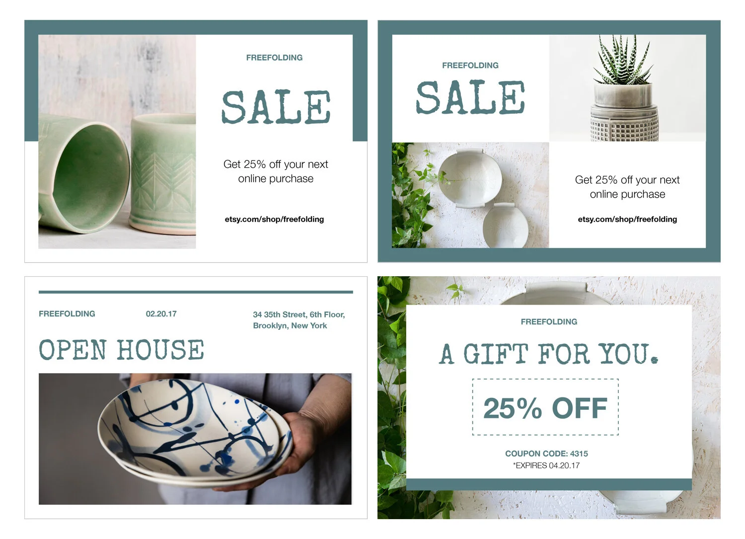Four postcard design samples for the Freefolding ceramics brand: two sale promotions, an open house, and a gift offer
