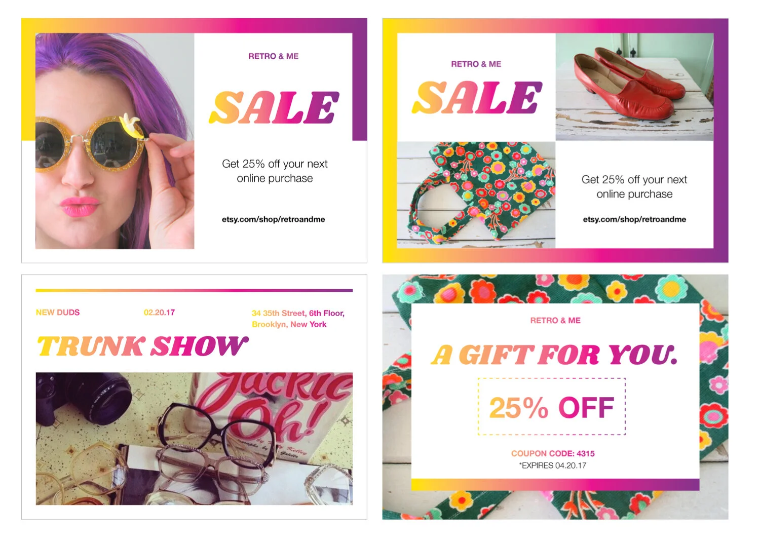 Four postcard design samples for the Retro and Me brand: two sale promotions, a trunk show, and a gift offer
