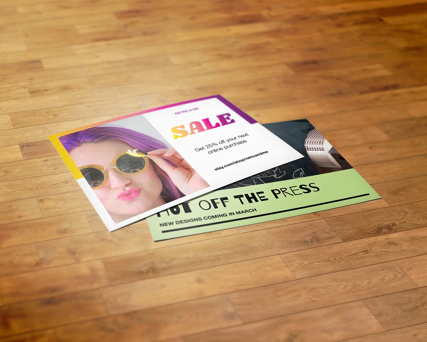 Printed postcard mockups styled on a wood floor, showing a sale promotion design