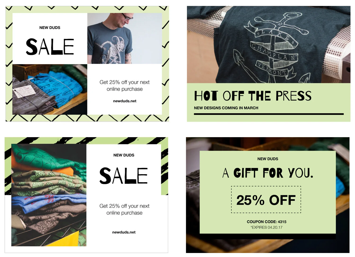 Four postcard design samples for the New Duds apparel brand: two sale promotions, a new designs announcement, and a gift offer