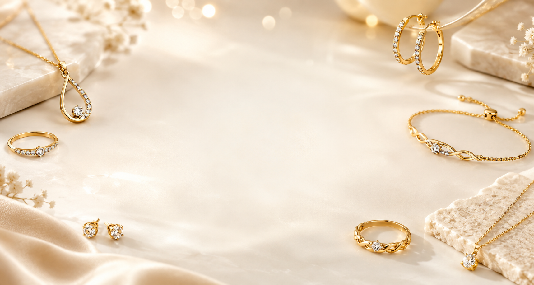 Gold jewelry including earrings, rings, necklaces, and bracelets with diamonds, arranged on a soft, satin surface with decorative stones and flowers.