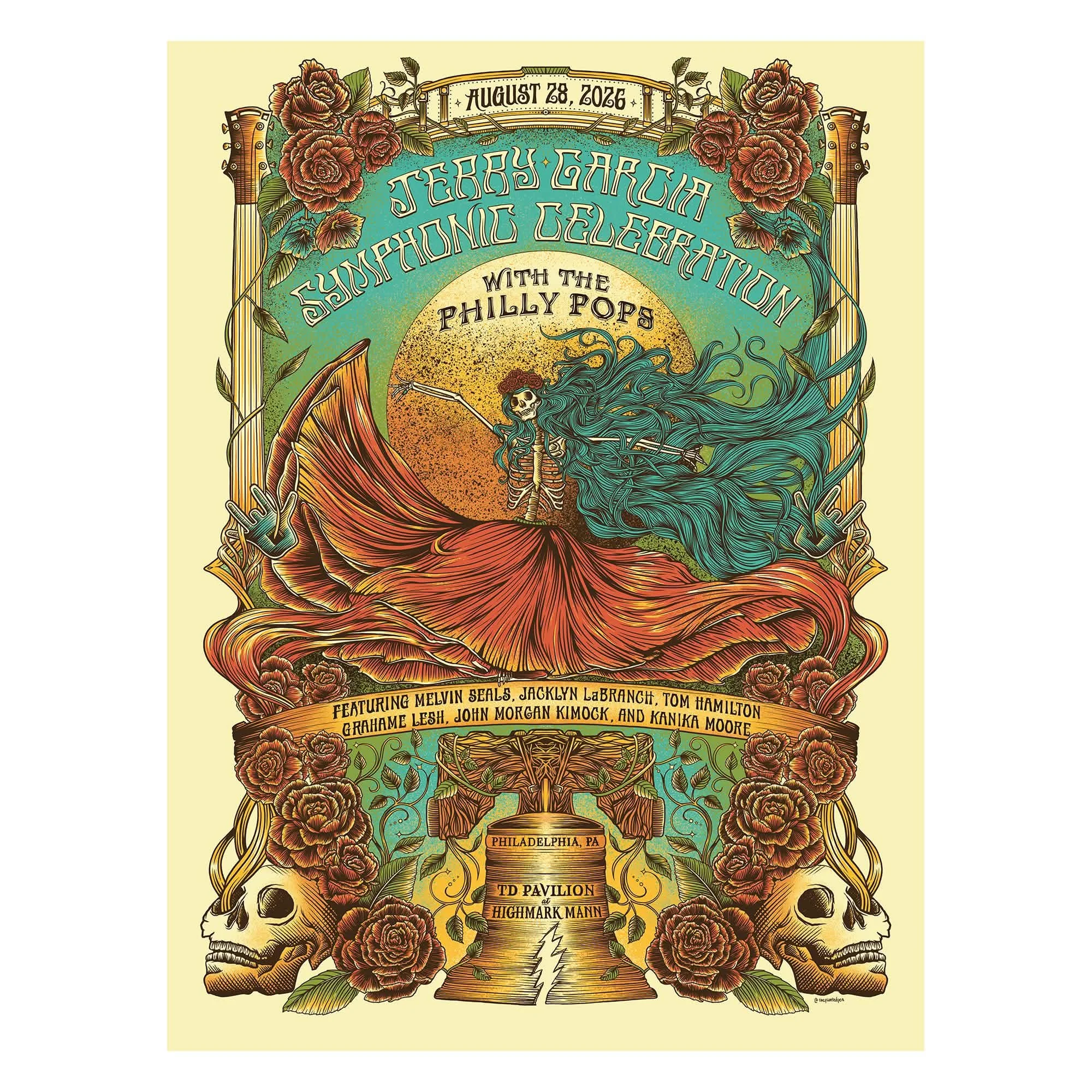 A colorful poster for a concert event featuring Jerry Garcia and the Symphonic Orchestra, with the date August 28, 2026. The poster has a skeleton with flowing hair, roses, guitars, skulls, and a skull with a lightning bolt. The location is Philadelphia, PA, at the TD Pavilion at Highland Mann.