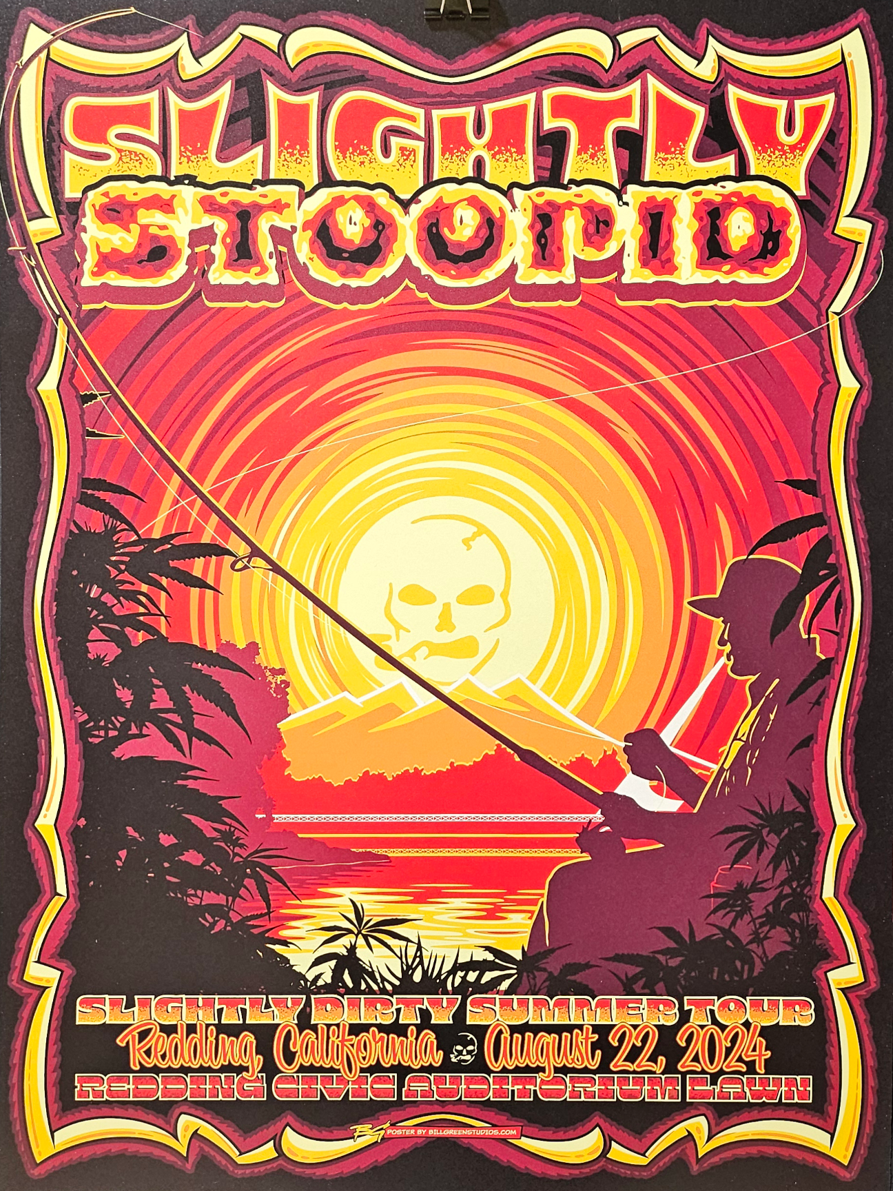A colorful poster for a music concert titled "Slightly Dirtier Summer Tour" featuring a sunset over a body of water with mountains in the background. The poster shows a person fishing, with a large skull face appearing in the sun. Text indicates the event is in Redding, California, on August 22, 2024, at the Redding Civic Auditorium Lawn.