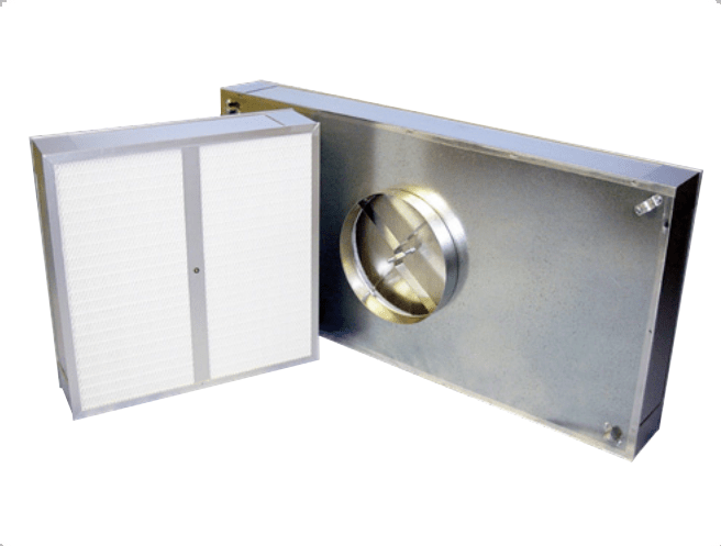An industrial air quality sensor with a metal housing, a filter, and a circular component inside the box.