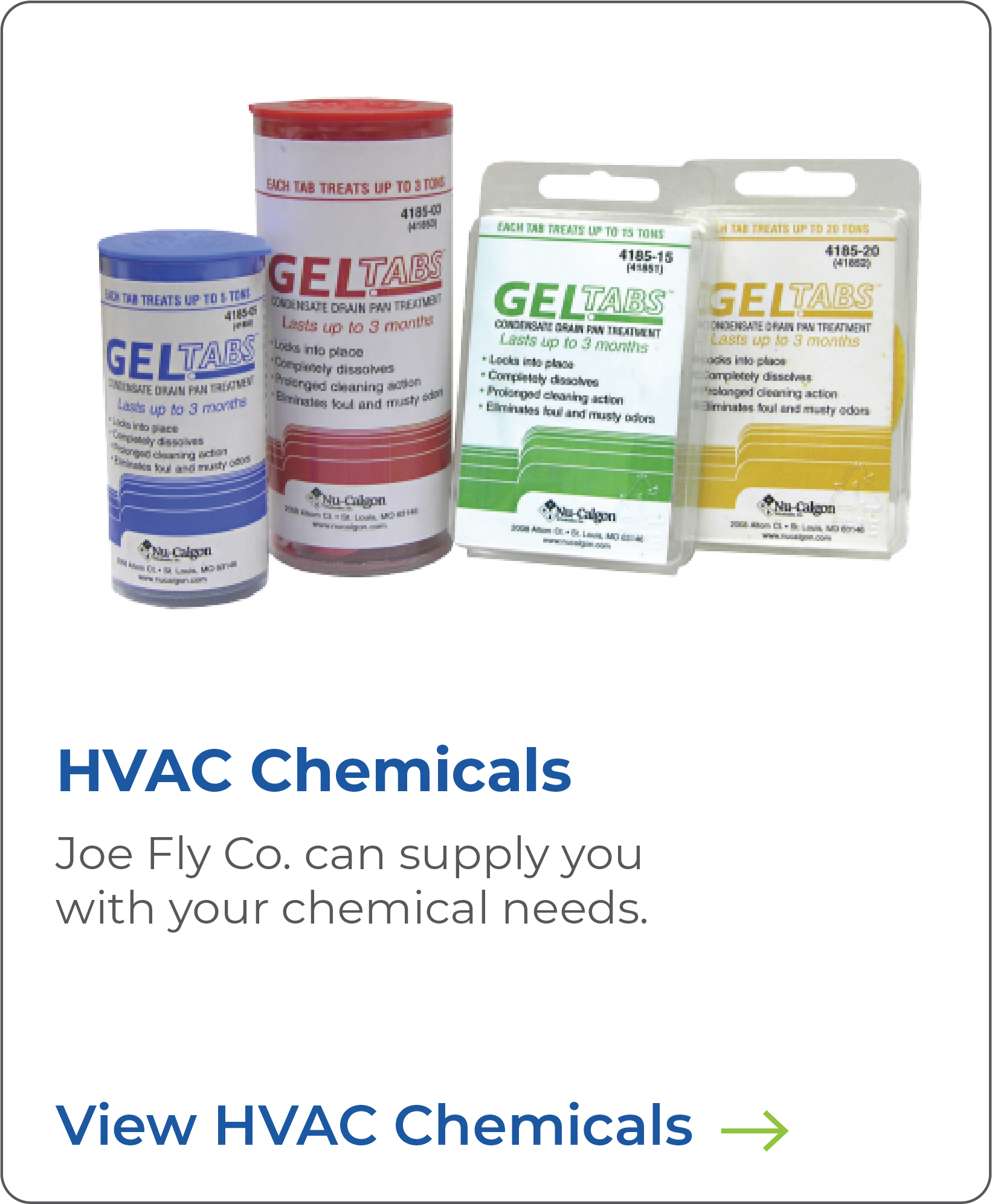 Image of three containers of HVAC chemicals in blue, red, green, and yellow colors with labels indicating they are gel tabs and coil cleaner foam for cleaning and disinfecting HVAC units.