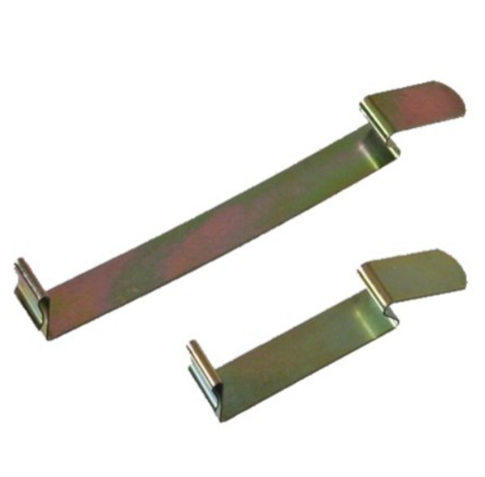 Two metallic brake pad retainers with curved ends against a white background.