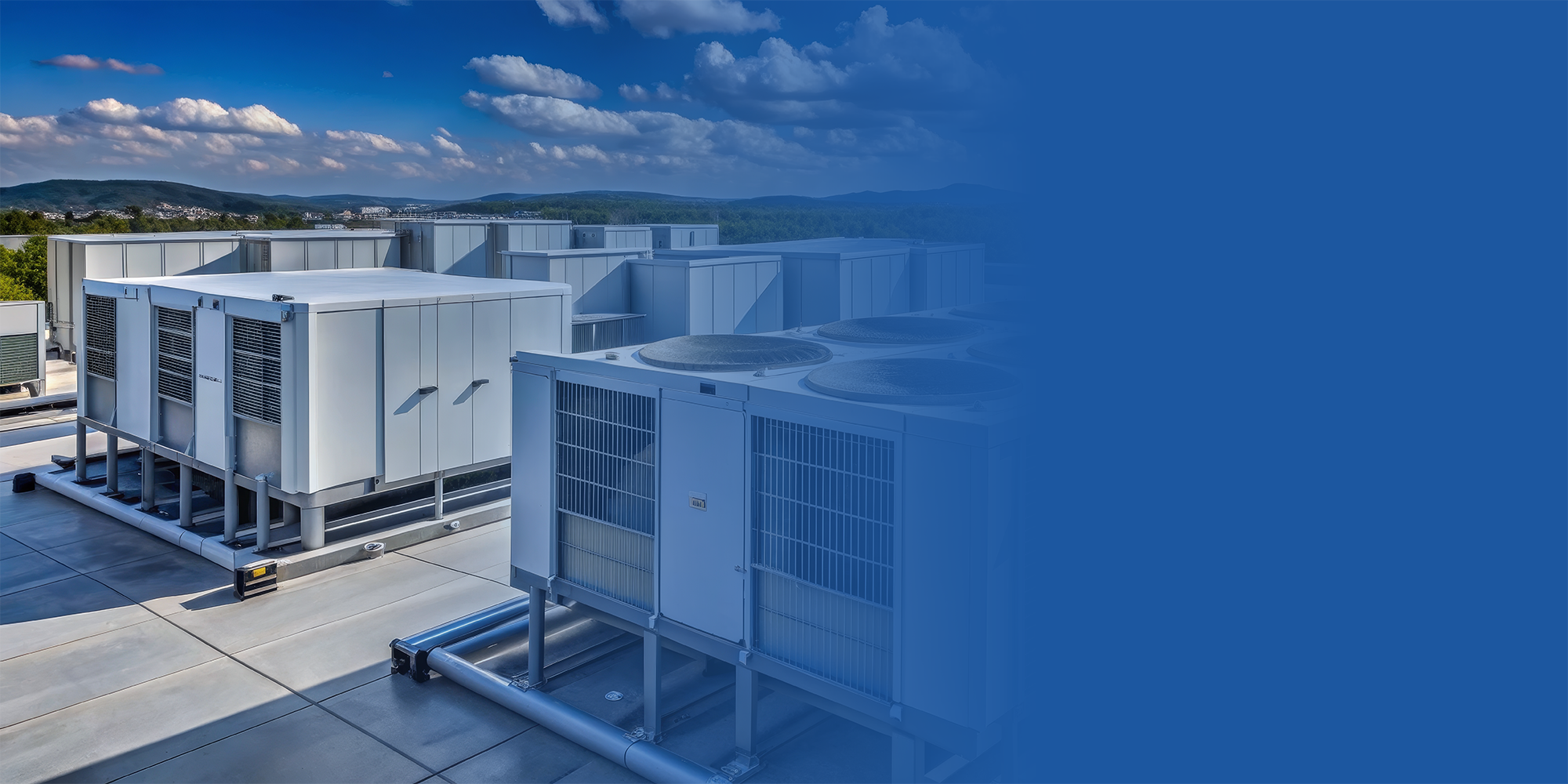 Image of multiple rooftop air conditioning units with a scenic view of mountains and sky in the background, partially covered by a blue overlay on the right side.