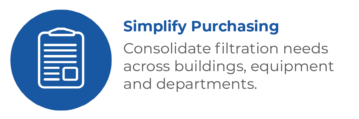Icon of a clipboard with lines representing text, inside a blue circle. Text says "Simplify Purchasing" and explains consolidating filtration needs across buildings, equipment, and departments.